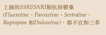 上圖的SSRI/SNRI類抗抑鬱藥 (Fluoxetine、Paroxetine、Sertraline、Bupropion 和Duloxetine)，都不宜和三苯氧胺一同使用。